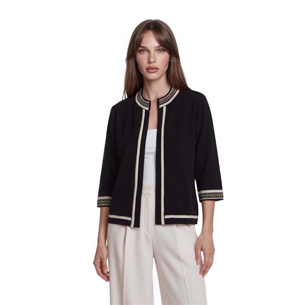 Ming Wang Jacket Women's Size 2X Black Gold White Knit 3/4 Sleeve Knit Blazer